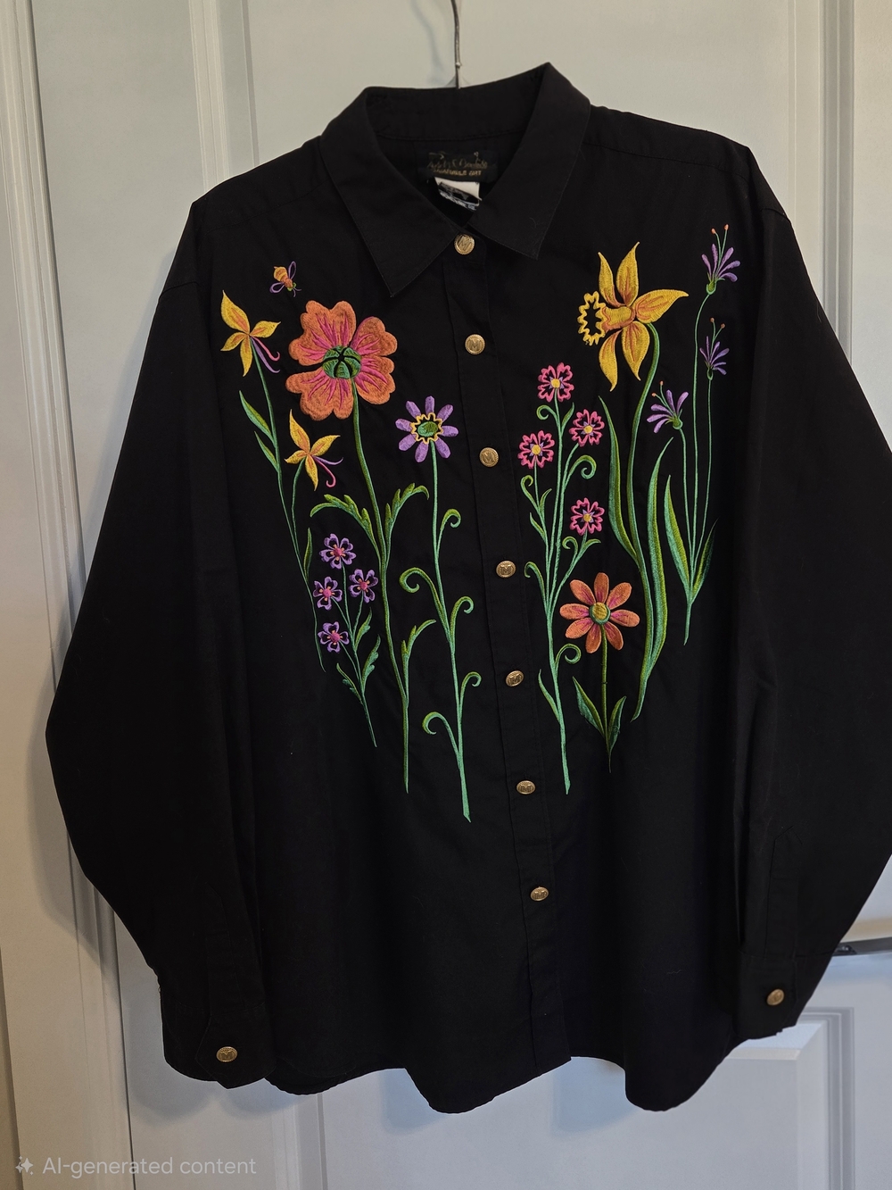 Bob Mackie Black Button-Front Blouse with Colorful Floral Embroidery